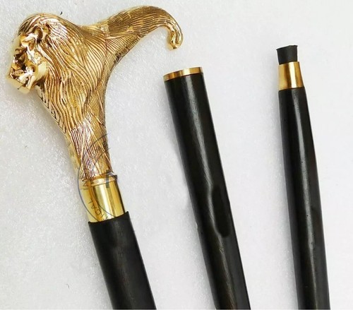 Majestic Gold Lion Head Walking Cane – 3-Piece Detachable Black Wooden Stick - Picture 3 of 5