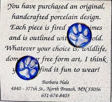 Barbara Hale Vintage Porcelain Paw Print Stud Earrings 22K Gold Trim NOS