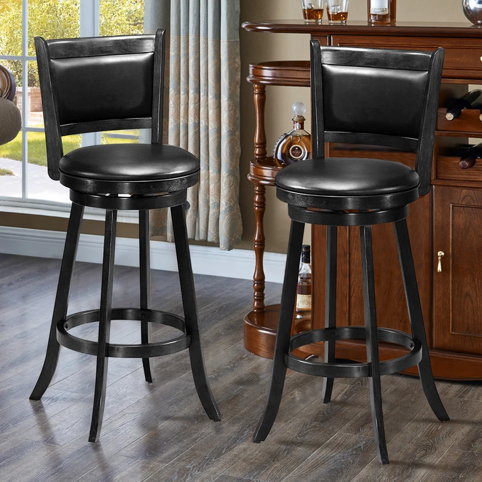 Set of 2 29" Swivel Bar Height Stool Solid Wood Dining Chair Black - Image 3 of 4