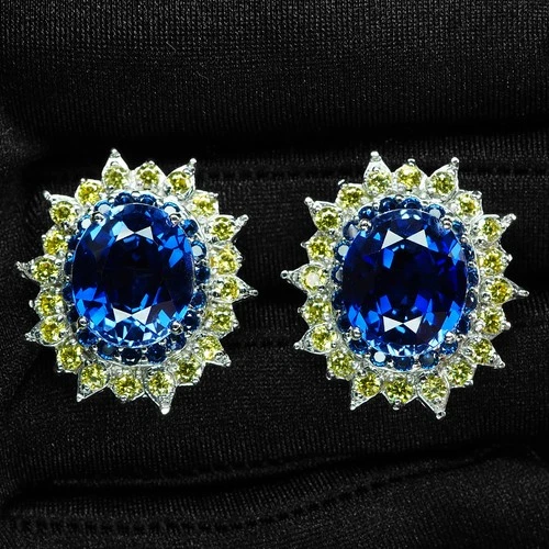 DELICATE ROYAL BLUE SAPPHIRE 18CT 925 STERLING SILVER WHITE GOLD HALO EARRINGS