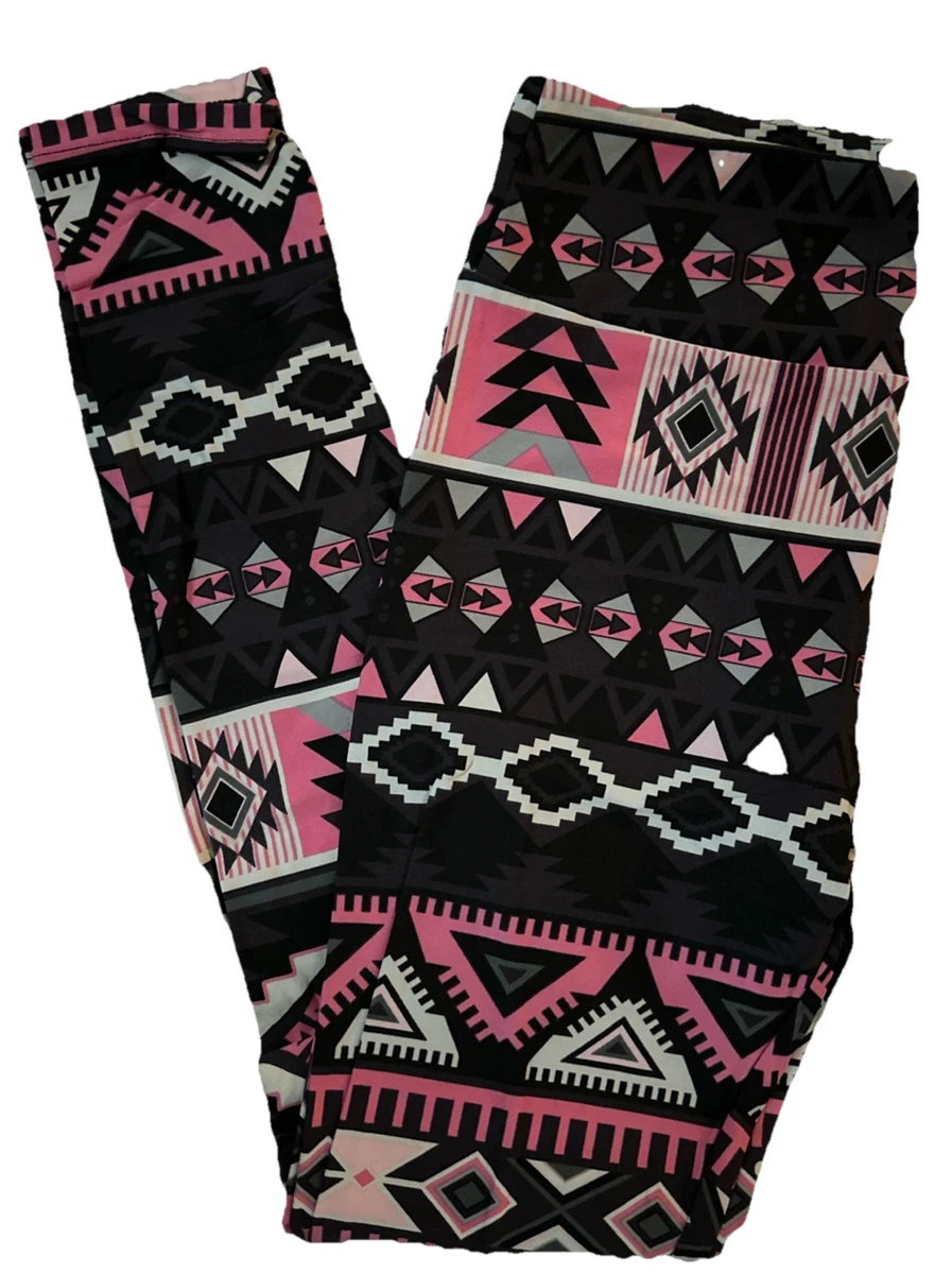Legging Femme Lularoe Tall & Curvy (T&C) | Motif Aztec Rose/bleu Bébé Sur Fond Marine | Taille Plus | Neuf Sans étiquette