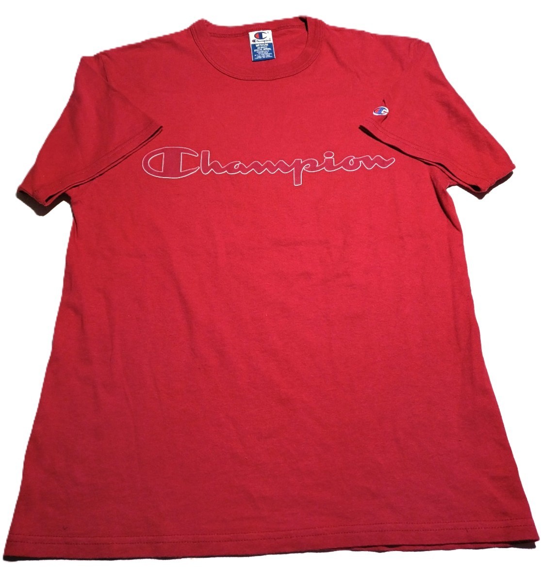 Champion Vintage T Shirt M Red Spell Out Logo Cotton Graphic Short Sleeve Tee VG