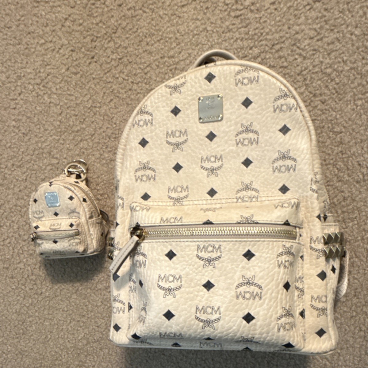 authentic mcm mini backpack Authentic MCM Monogram Ivory Studded Backpack with Mini Bag Charm for Women