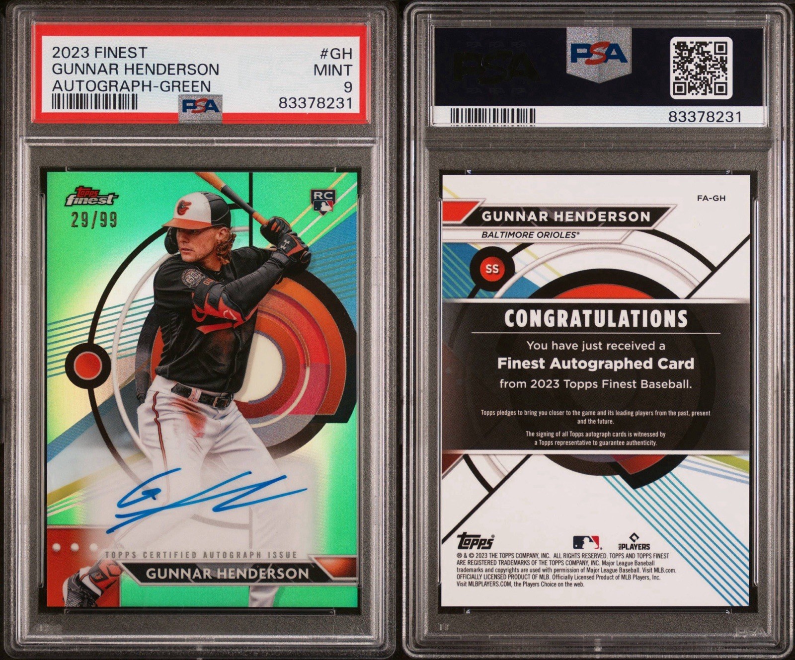2023 Topps Finest Gunnar Henderson Green Refractor Rookie RC Autograph /99 PSA 9 view 3