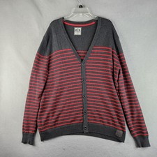 Express Sweater Mens XL Gray Red Striped Cardigan Button Up Cotton Knit Casual