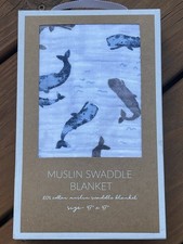 Boutique Mud Pie Blue Gray Whale Muslin Swaddle Blanket 47 X 47 New In Gift Box
