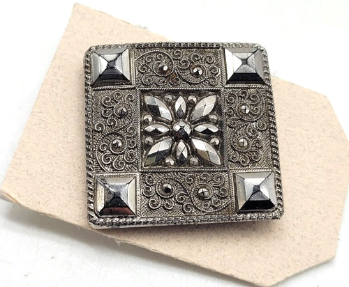 Silver Luster Black Glass Antique Button Flower Cut Steel Victorian Fashion Lrg - Picture 2 of 15