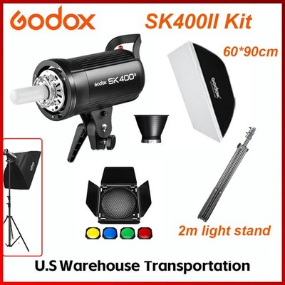 US Godox SK400II 400Ws Studio Flash Strobe+Barndoor+60*90cm Softbox 2m Stand Kit