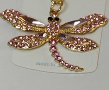 Dazzling Pink Rhinestone Dragonfly Keychain Purse Charm Gold Tone Bling Bag Tag