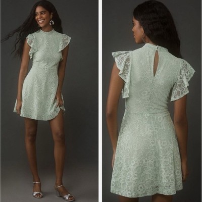Anthropologie Maeve Flutter-Sleeve Mock-Neck Mini Dress Womens L Moss Mint Green