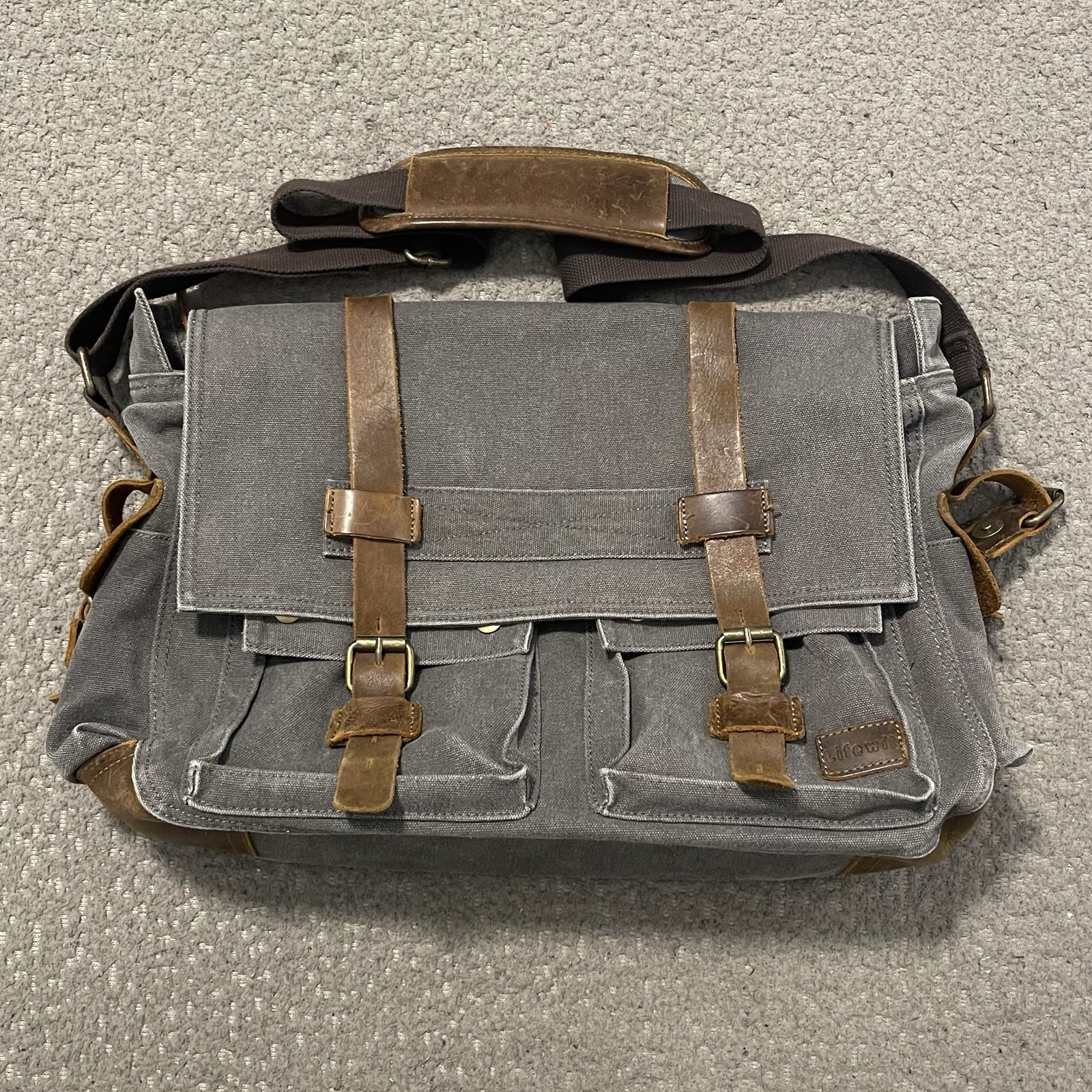 Lifewit Messenger Bag Gray Canvas Brown Leather Satchel Cross Body Shoulder