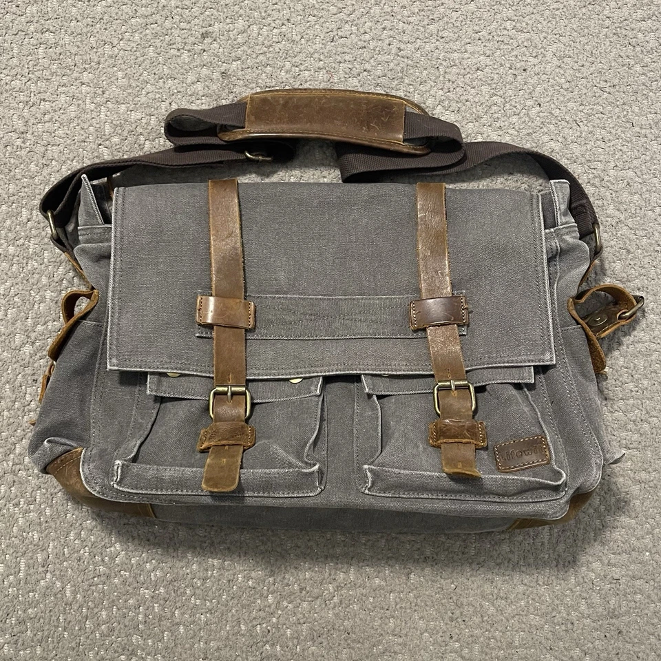 Lifewit Bolso Mensajero Gris Lona Marrón Cuero Cartera Bandolera Hombro Foto 3 de 4