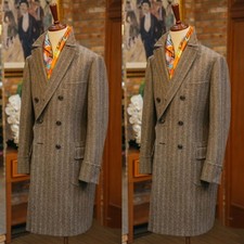 Herringbone Men's Kahki Long Overcoat Tweed Double Breasted Jacket Vintage Coat