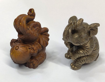 Set of Two (2) Decorative Small Elephant Figurines One Is Metal, 1.75'' Tall