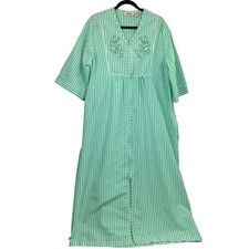 Collections Etc Floral Embroidery V-Neck Full Zip House Robe Striped Women's L