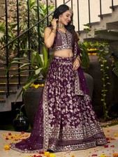 Designer Wine Dola Silk Jacquard Lehenga Choli And Dupatta For Indian Reception