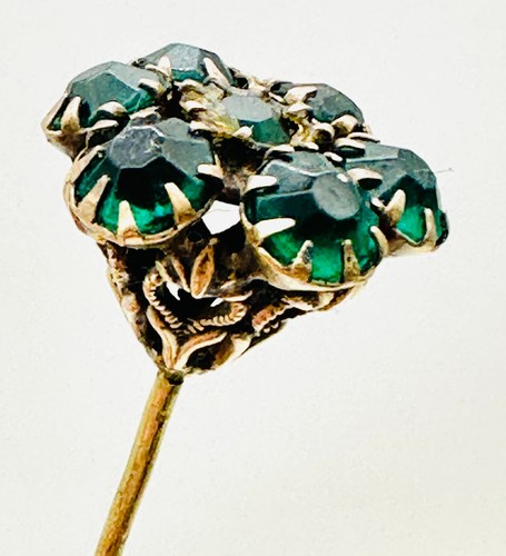 Antique Hatpin Golden Heart Basket Holds Enchanting Emerald Stones Collectible