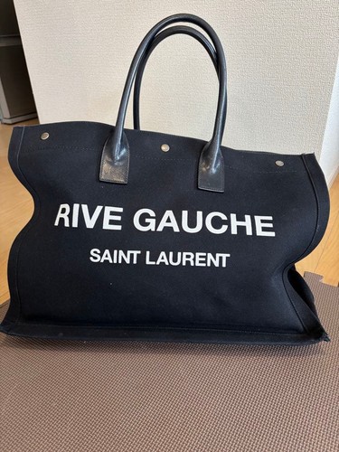 YSL Saint Laurent RIVE GAUCHE Tote Shoulder Bag Black Canvas Logo Women's