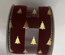 2 1/2  X 20ft Wired Ribbon. VELVET Gold Christmas Trees In Burgundy Wine