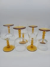 MCM 8 Vintage Libbey Nob Hill 4 Wine Glasses 4 Goblets Three Ball Amber Stem 