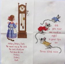 11' X 12" FINISHED CROSS STITCH WITH 2 NURSERY RHYME CHARACTERS THREE BLIND MICE