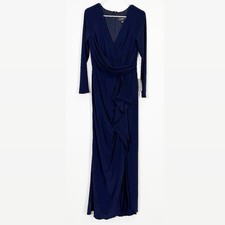 Betsy  Adam Cascade Ruffle Gown Womens 8 Navy Blue V-Neck Evening Long Maxi NWT