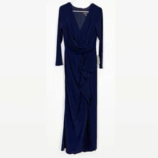 Betsy & Adam Cascade Ruffle Gown Womens 8 Navy Blue V-Neck Evening Long Maxi NWT