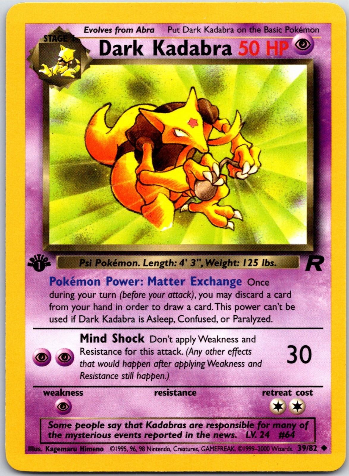 Dark Kadabra FIRST EDITION Uncommon Team Rocket 39/82 NM CLEAN