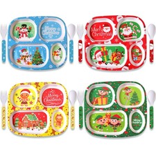 Jinei 4 Set Christmas Divided Dinnerware with Fork and Spoon Santa Gingerbread