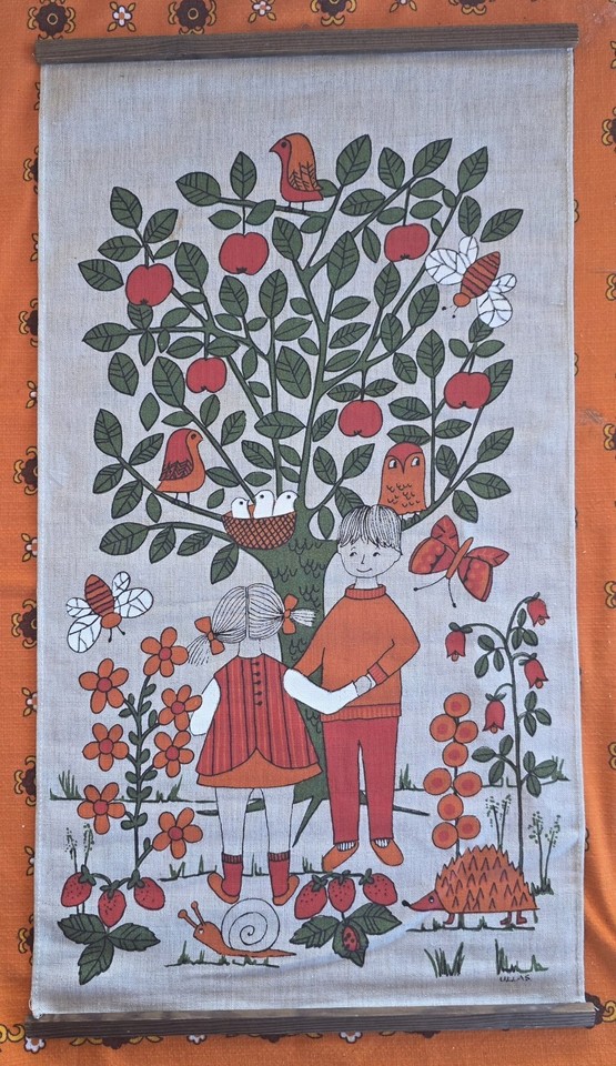 A genuine Ulla Scheuer signed linen tapestry from a named mid-century Scandinavian textile artist — the kind of one-of-a-kind wall piece design-savvy people hunt for.