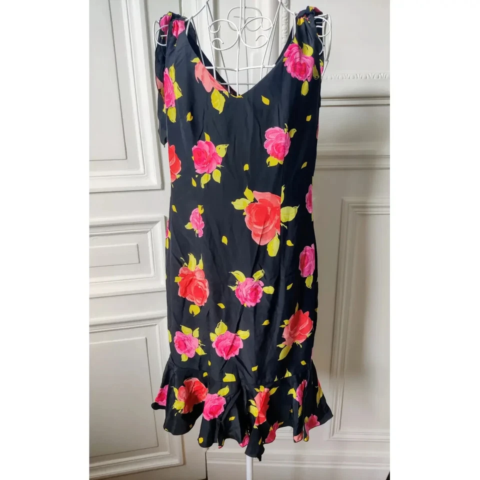 Vestido de Diseñador ESCADA 100% SEDA Floral Negro Volantes Talla D 38 Lazo Correas detalladas Foto 2 de 4