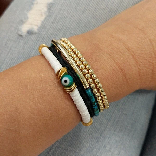 3 Piezas Dama Chapado en Oro 14k 4MM Cuentas Pila Pulseras Mujeres Joyería Bohemia Foto 2 de 4