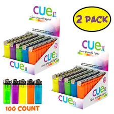 100 Count CUE II Classic Lighters, Assorted Colors, Regular Size, Long Lasting