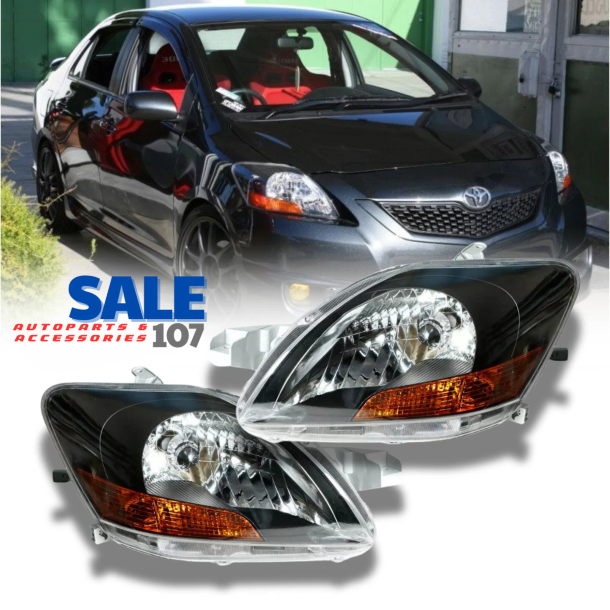 For 2007-2011 Toyota Yaris Sedan Headlights Headlamps Black