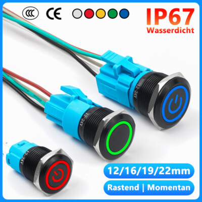 12/16/19/22mm LED Druckschalter Drucktaster Tastend Rastend Ein/Aus Wasserdicht