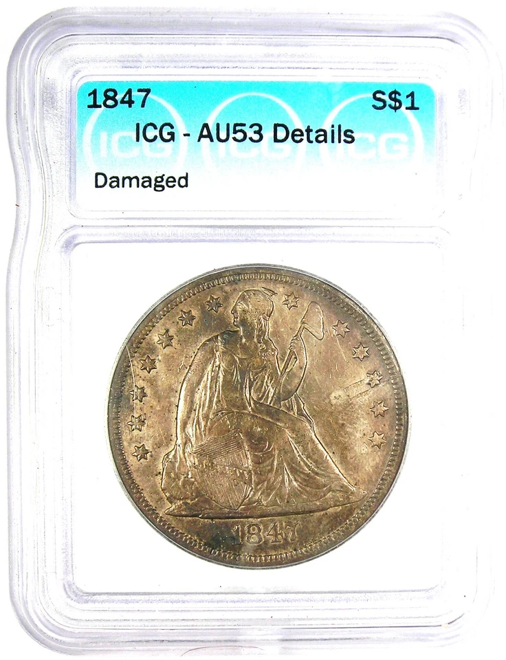 Moneda de 1 dólar de plata libertad sentada de 1847. Detalle certificado ICG AU53 - Moneda rara Foto 2 de 4