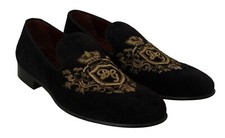 DOLCE & GABBANA Shoes Loafers Black Velvet Gold Crown Mens EU39 / US6 RRP $2200