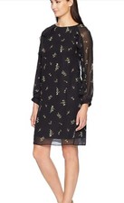 Chaps Black Sheer Ruffle Trim Long Sleeve Floral Dress Midi Women's Size 8