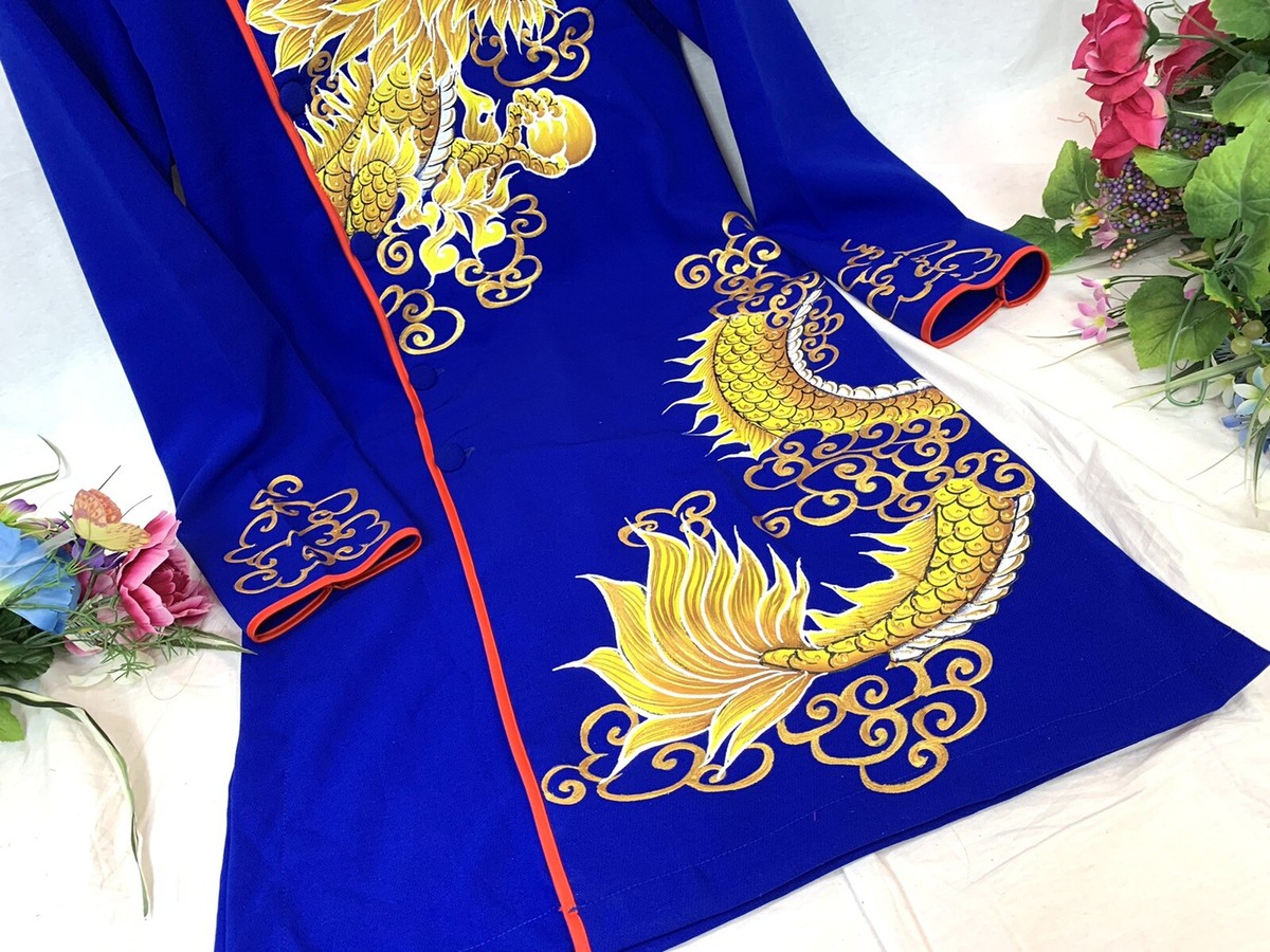 Blue Hand Painted Vietnamese Ao Dai for Men, Ao Dai Nam, Ao