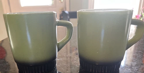 2 Vtg Anchor Hocking Fire King Avocado Green Black Coffee Mug Cup milk glass