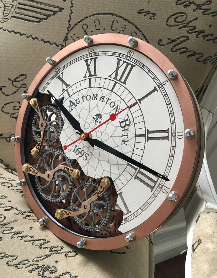 Reloj de Pared Automaton 1695 Blanco Cooper, Diseño Steampunk Decoración del Hogar Engranajes Móviles Foto 2 de 4