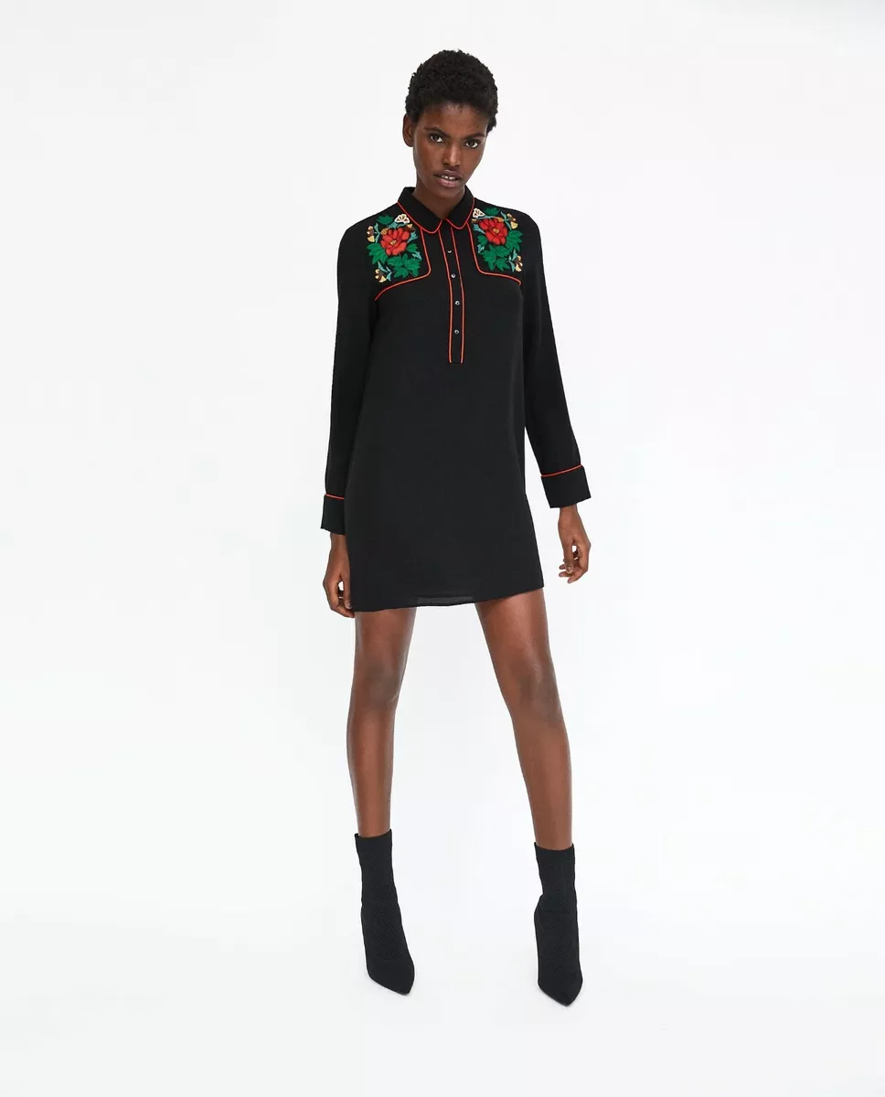 70 Zara SHIRT DRESS WITH FLORAL EMBROIDERY PIPING ref 7521 332 sz S M black