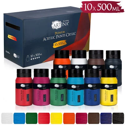 ARTINA 10x 500 ml Acrylfarben Set Acrylfarbe Farben Acryl Malfarbe Farbe Künstlerfarbe
