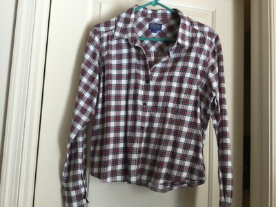 Pendleton blouse red, blk grn yel wh plaid, sz L Petite