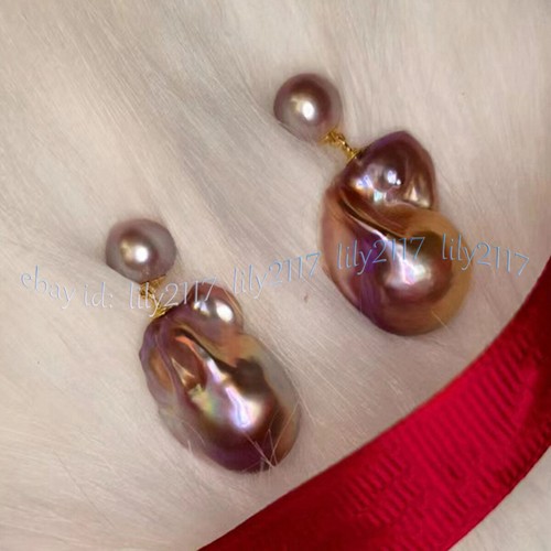 HUGE REAL NATURAL PURPLE KESHI BAROQUE PEARL DANGLE GOLD STUD EARRINGS AAA - Picture 5 of 8
