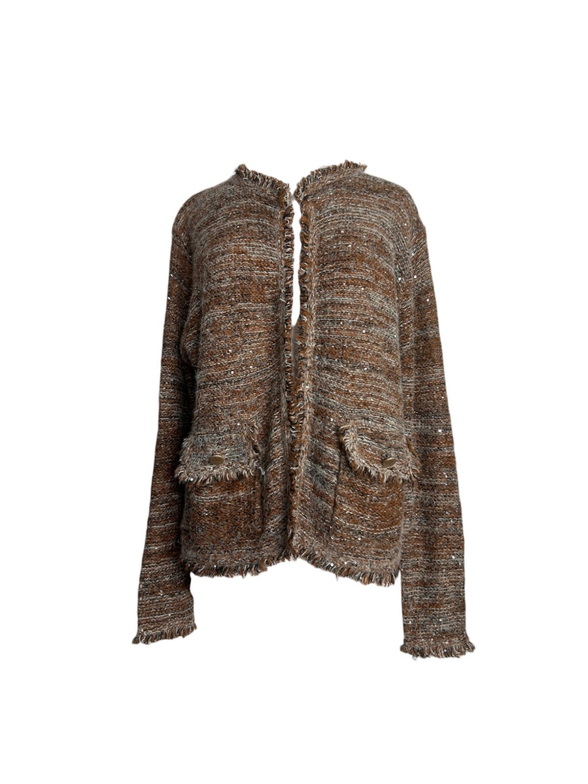 Sioni Size Large Cardigan Sweater Brown Cream Nubby Sequins Fringe Pockets