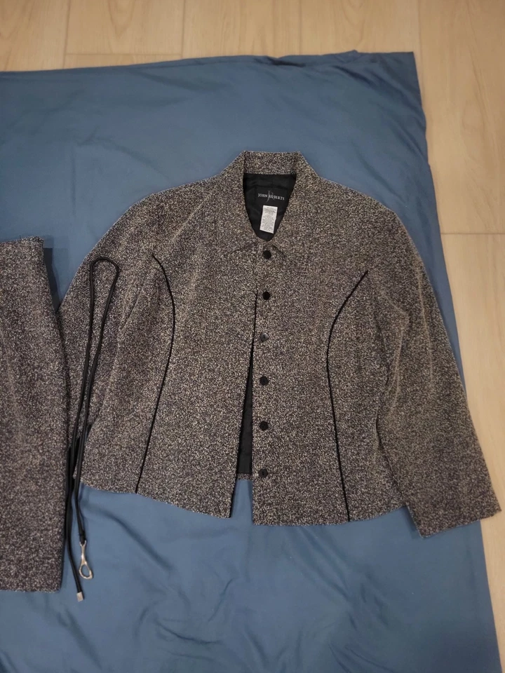 Conjunto de Jaqueta Vintage John Roberts Preto Branco Saia de Tweed Detalhe de Corda Tamanho 16 - Imagem 2 de 4