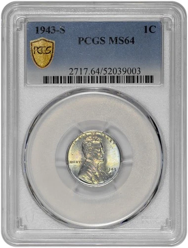 1943 S 1C Lincoln Steel Wheat Cent PCGS MS 64 New Holder with Rainbow Toning