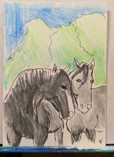ACEO Original Two Gray Horses Mini Art Painting Animals OOAK Tiny Art Wachtel