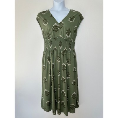 Old Navy Smocked Waist V-Neck Midi Dress Size L Green Floral Block Print Pockets